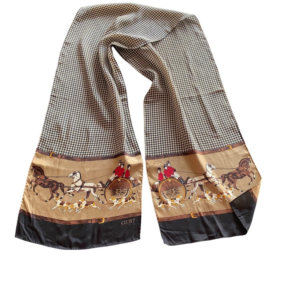 Club 7 Echo Vintage Silk Scarf Houndstooth Equestrian Carriage Horse Print Japan